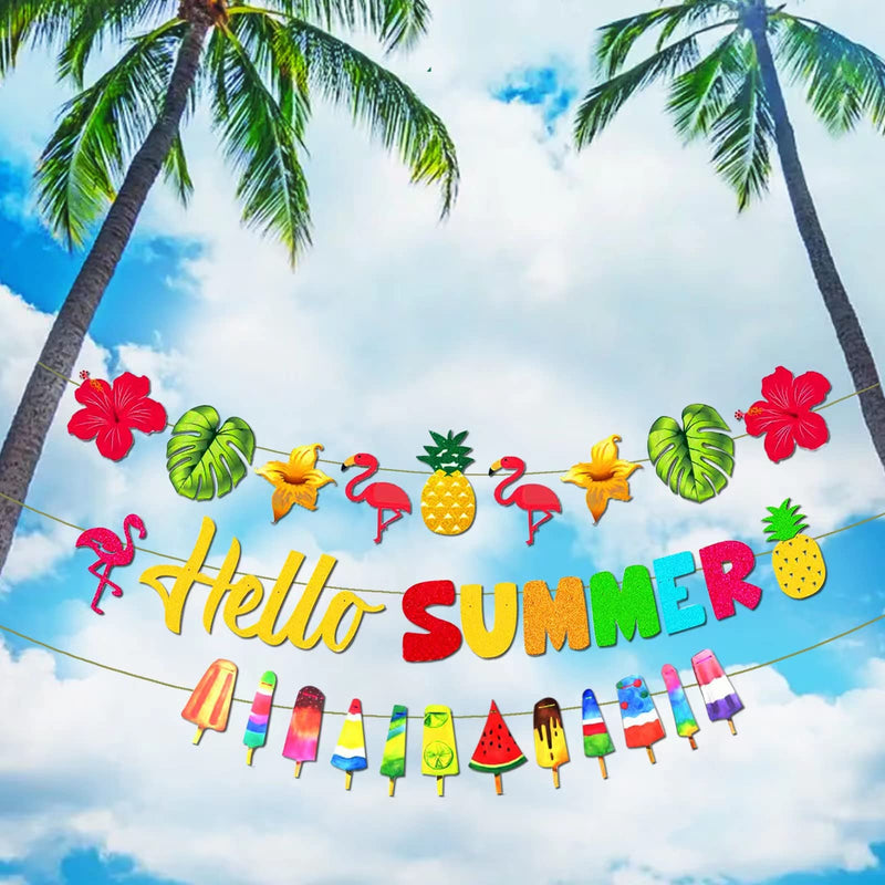 Hello Summer Welcome Banner Luau Pool Party Decorations Supplies Hawaiian Beach Banner Topical Garland Ice Cream Themed Birthday Party Decor for Outside Tree
