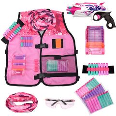 Girls Pink Tactical Vest Set with Gun for Nerf Rebelle and N-Strike Elite Series with 30 Refill Darts Quick Reload Clip Wrist Ammo Holder Safety Glasses and Tube Mask