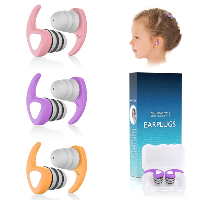 Swimming Ear Plugs for Kids 3 Pairs Waterproof Reusable Silicone Swim Ear Plugs for Pool Bath Showering Surfing for 4-12 Years Olds Children