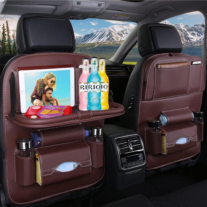 ASENDIWAY Car Back Seat Organizer with Foldable Table Tray PU Leather Backseat Organizer for Kids Toddlers Travel Car Kick Mats Seat Back Protector Storage Pocket with Touch Screen Tablet Holder